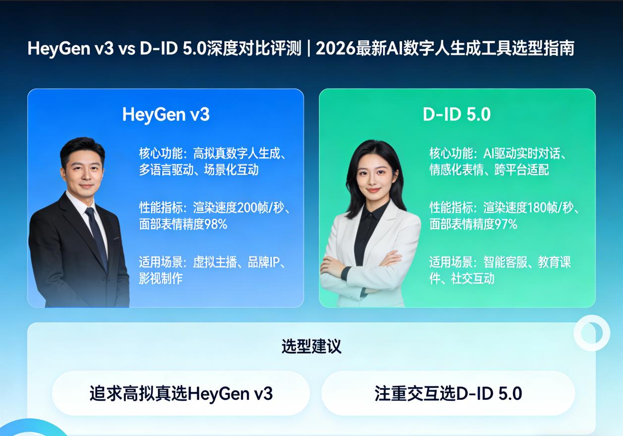 HeyGen v3 vs D-ID 5.0深度对比评测 | 2026最新AI数字人生成工具选型指南