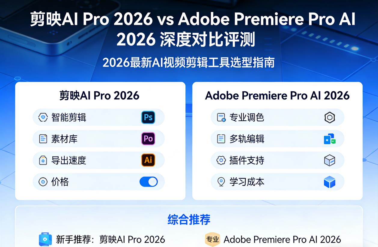剪映AI Pro 2026 vs Adobe Premiere Pro AI 2026 深度对比评测 | 2026最新AI视频剪辑工具选型指南