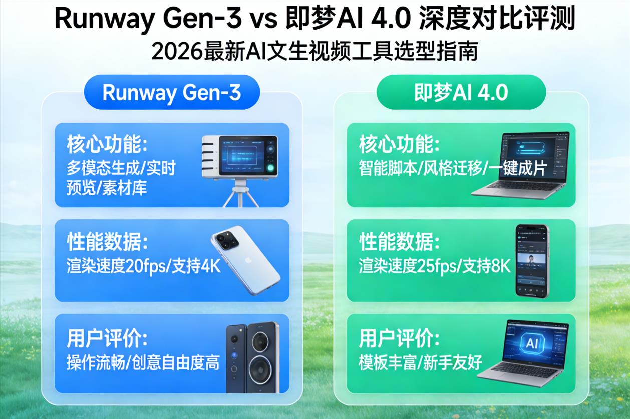 Runway Gen-3 vs 即梦AI 4.0 深度对比评测 | 2026最新AI文生视频工具选型指南