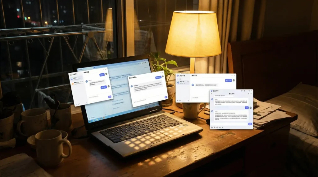 深夜一人多开AI工具窗口，窗外晾衣影子映在键盘