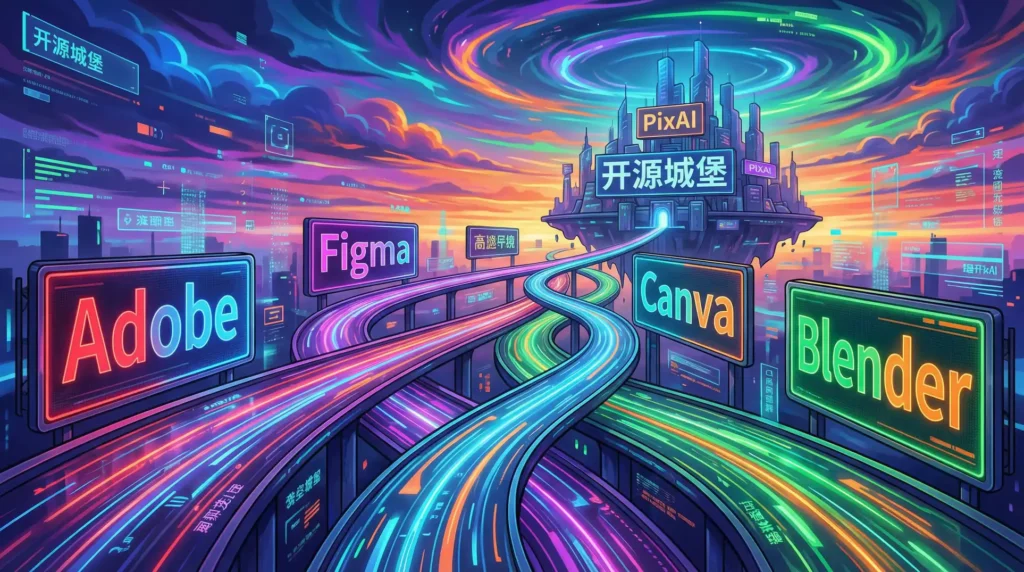 四大厂商技术路线交错竞争的科幻概念图