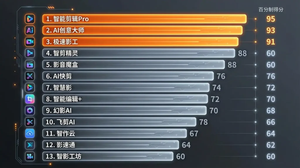 13款AI剪辑软件综合得分横向条形图,Premiere AI、DaVinci NeuralCut、CapCut Pro位列前三