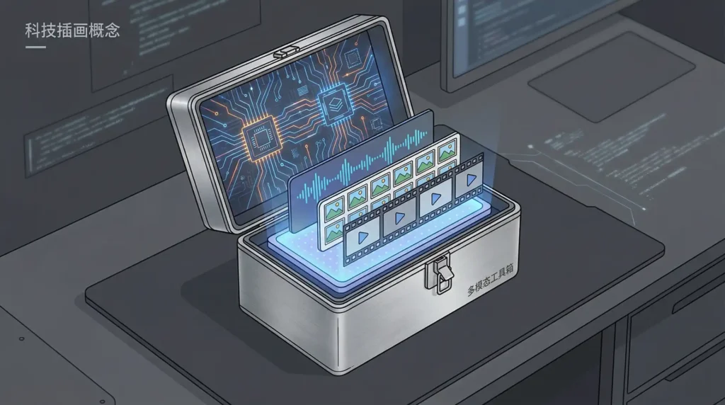 AI工具箱概念图，多模态图标分层排列，散发蓝光