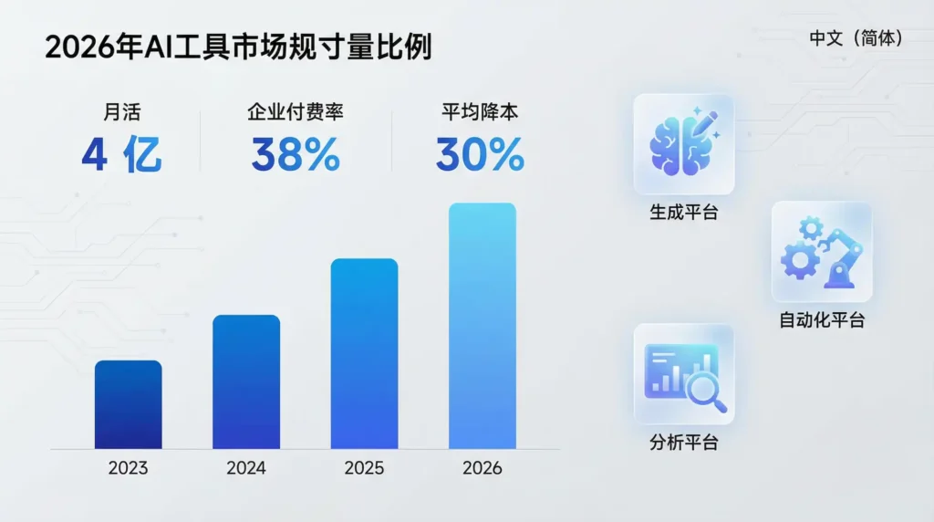 2026年AI市场规模数据图，展示月活4亿、付费率38%、降本30%