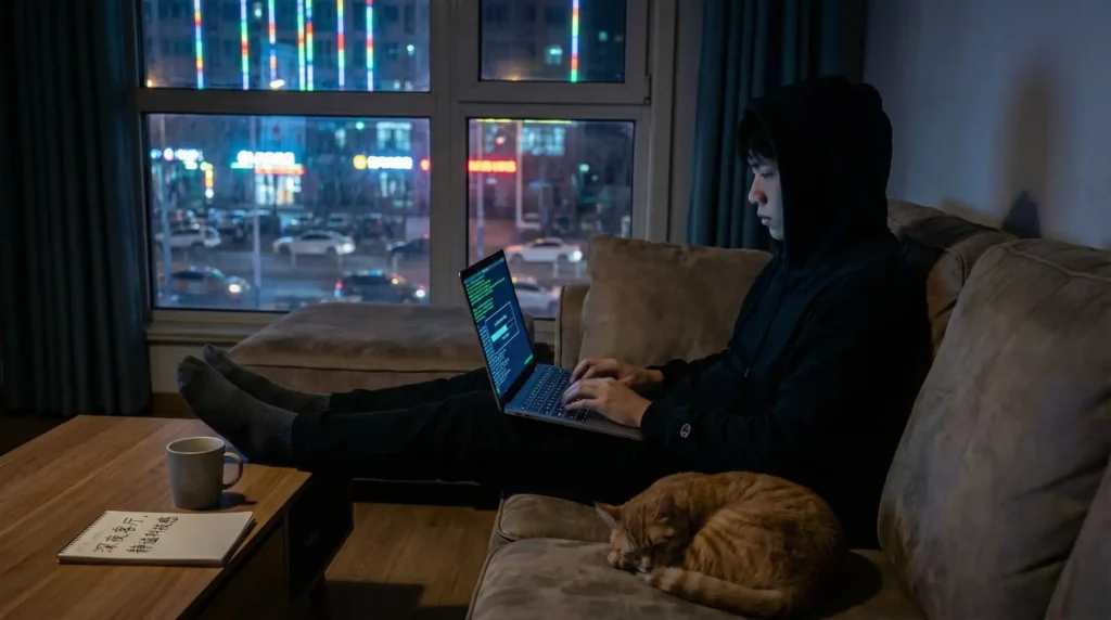 深夜客厅青年用AI笔记本运行大模型，氛围静谧科技