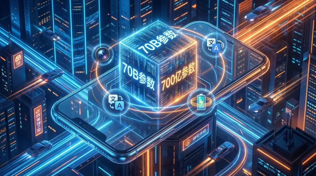 AI手机内部70B端侧模型概念图，功能图标环绕