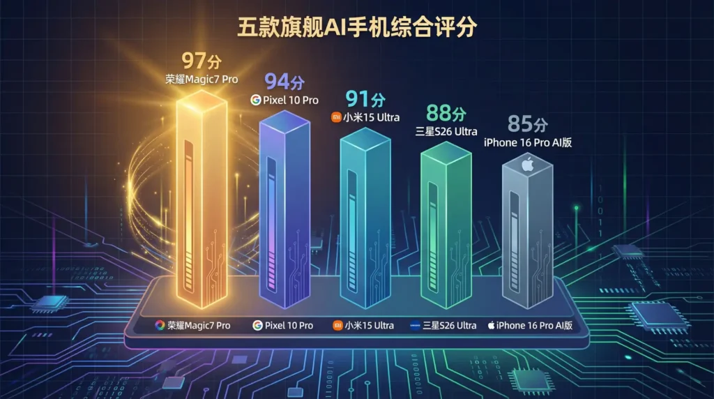 五款旗舰AI手机综合评分对比柱状图