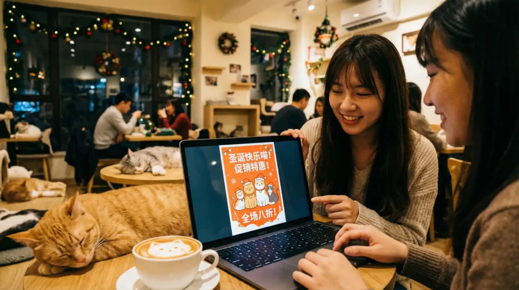女生在猫咖用Canva AI展示刚做好的圣诞猫咪促销海报
