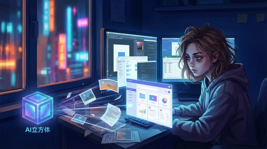 多工具碎片被一站式AI立方体整合成统一界面，象征效率救赎