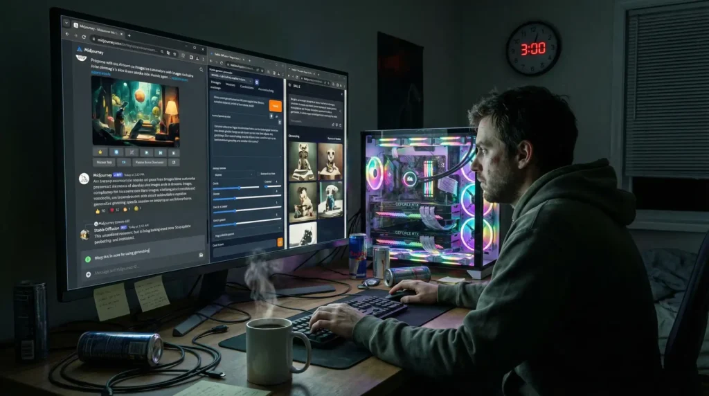 深夜测试多款AI图像工具的场景