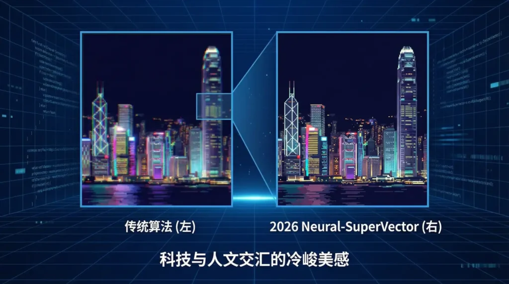 对比传统与AI超分放大后的城市夜景海报像素细节