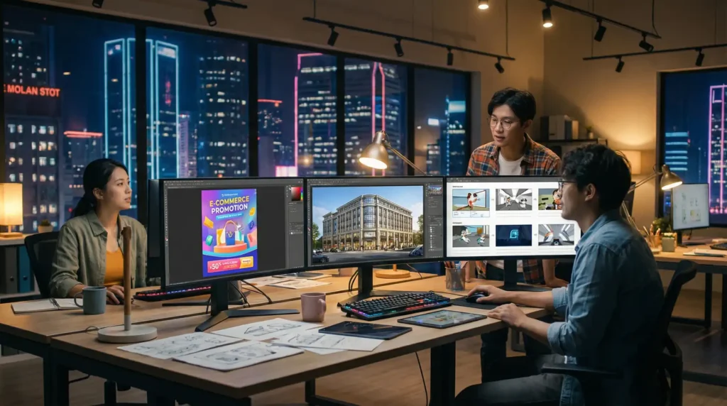 设计师在曲面屏前查看电商建筑动画三类4K作品