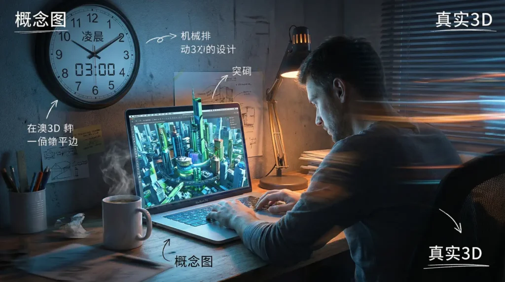 深夜设计师被2026AI软件提速后兴奋工作的场景
