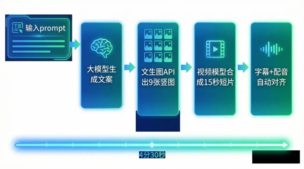 一键多模态生成流程：文案-图片-视频-字幕四步串联，4分半完成
