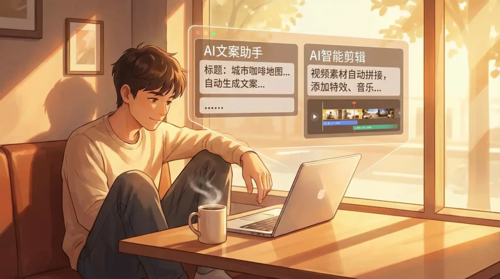 AI一键生成文案与剪辑的咖啡厅工作场景