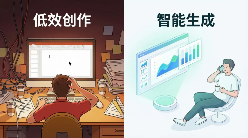 AI一键生成PPT对比传统手动制作，效率与氛围差异