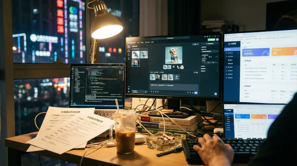 深夜评测AI软件的杂乱书桌