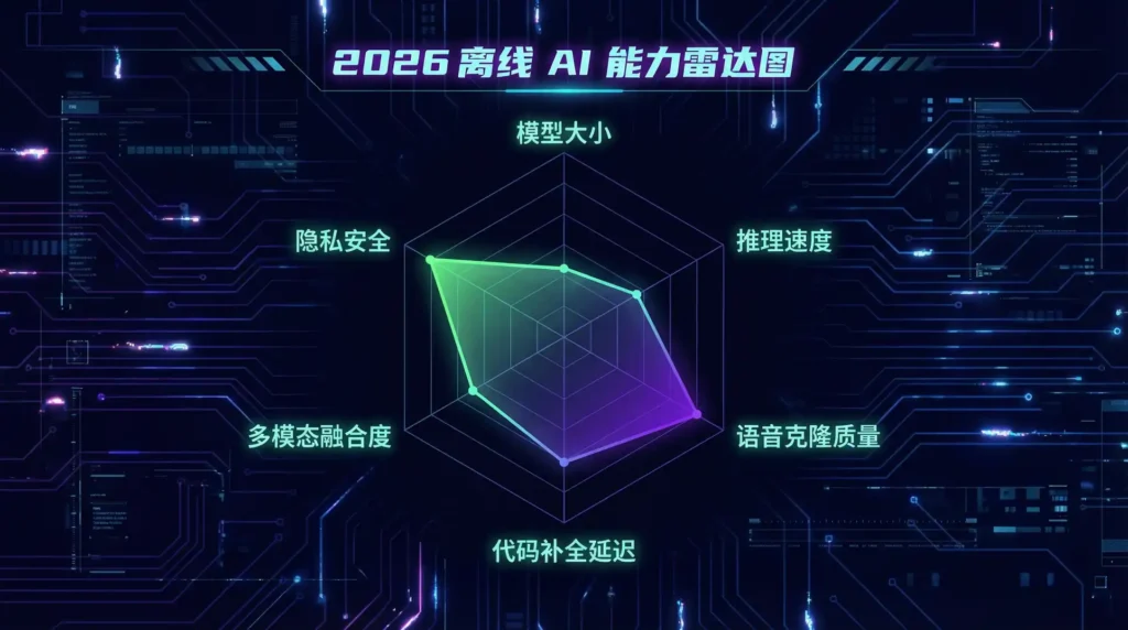 2026 离线 AI 六大核心能力雷达图，曲线呈饱满六边形