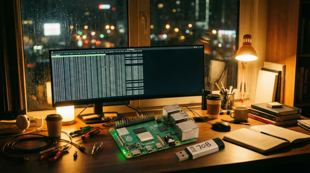 树莓派 5 在深夜运行压缩后的 70B 大模型，终端跳动着 60 TPS 绿色数字