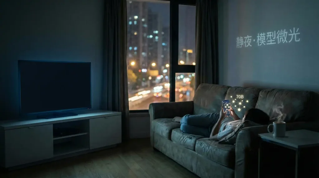 手机端侧大模型在深夜微光中运行，像萤火虫般环绕