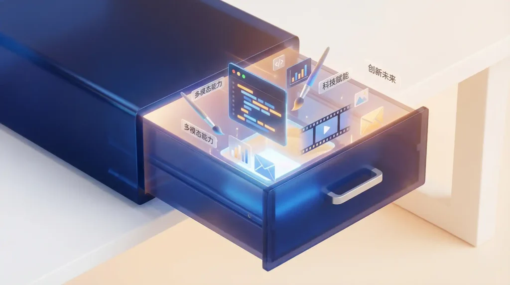 AI全能工具箱概念图，抽屉内漂浮多种创作元素