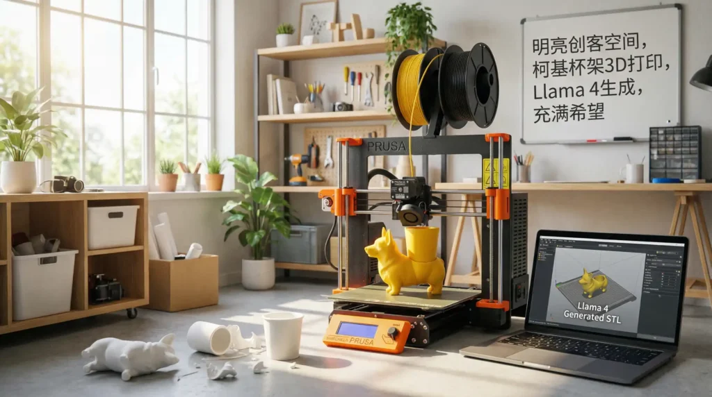 3D打印机正在打印柯基自行车杯架，旁边电脑显示生成文件