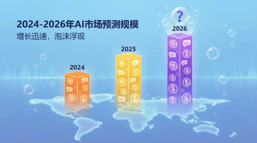 2024-2026全球生成式AI市场规模预测柱状图，颜色越高代表金额越大