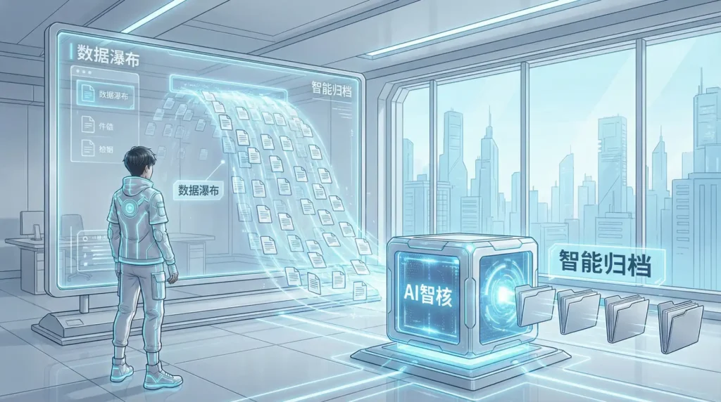 AI 批量处理概念图：文件瀑布汇入发光立方体