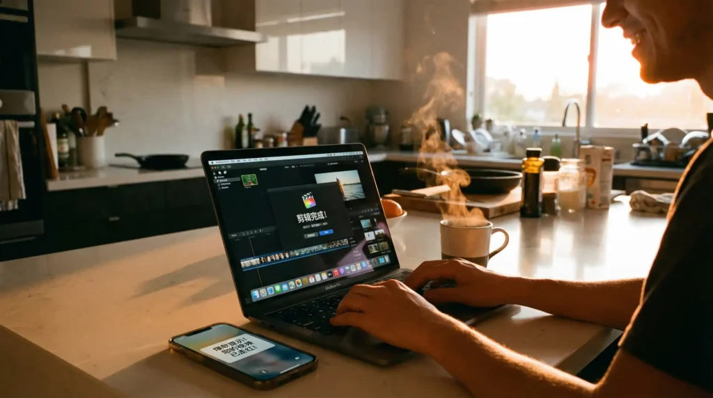 厨房吧台边10分钟快速剪辑完成场景