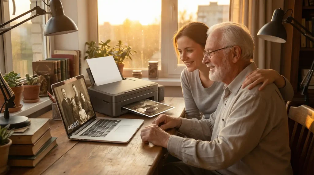 老人与年轻人一起用AI修复老照片的温馨场景